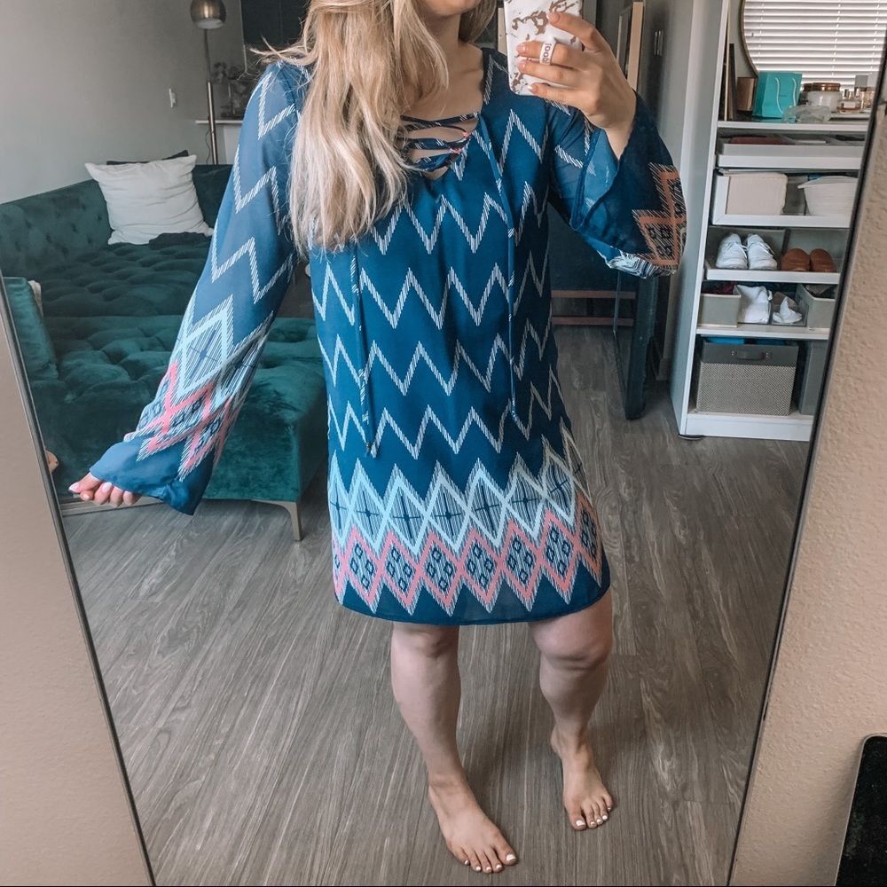Xhilaration Blue Chevron Criss Cross Lace-Front Knee Length Boho Dress Size M